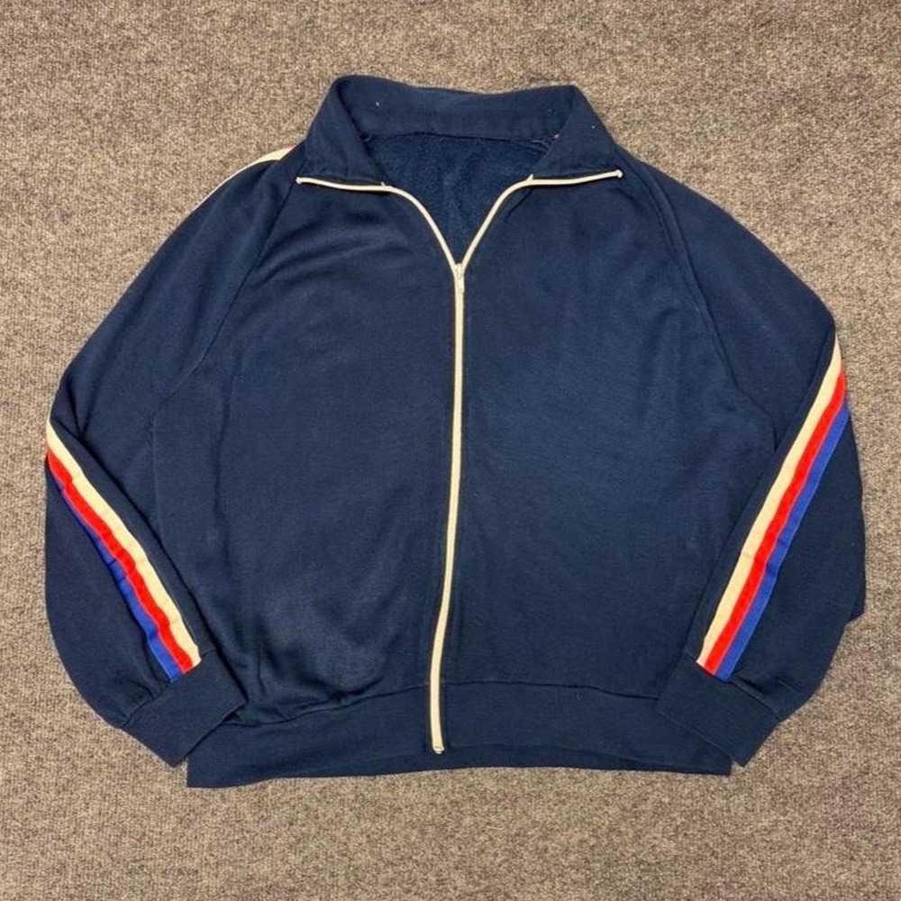 Vintage 80s Mens Navy Zip Up Lightweight Jacket Racing Stripe Blue Large